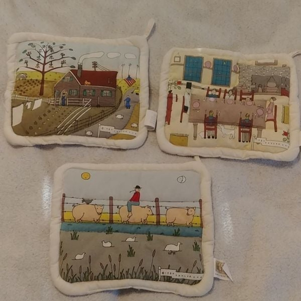 Set of 3 Vintage Taylor & NG Farm Scene Hot Pads 8x9 inches Rare!